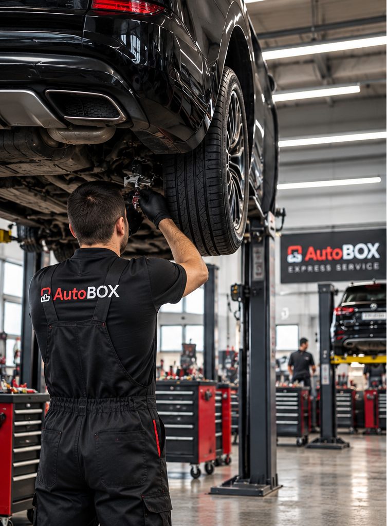 Механик в AutoBOX работи по кола на подемник