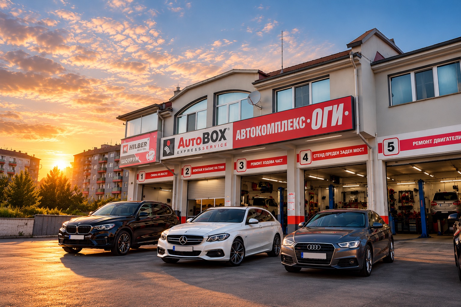 Автокомплекс Оги и AutoBOX на ул. „Пловдивска“ в Пазарджик: петте сервизни бокса и коли отпред